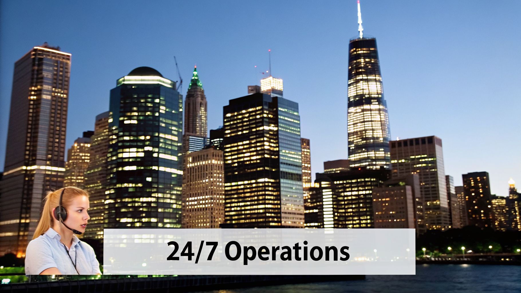 A woman with a headset against a lit cityscape at night, with a '24/7 Operations' banner.