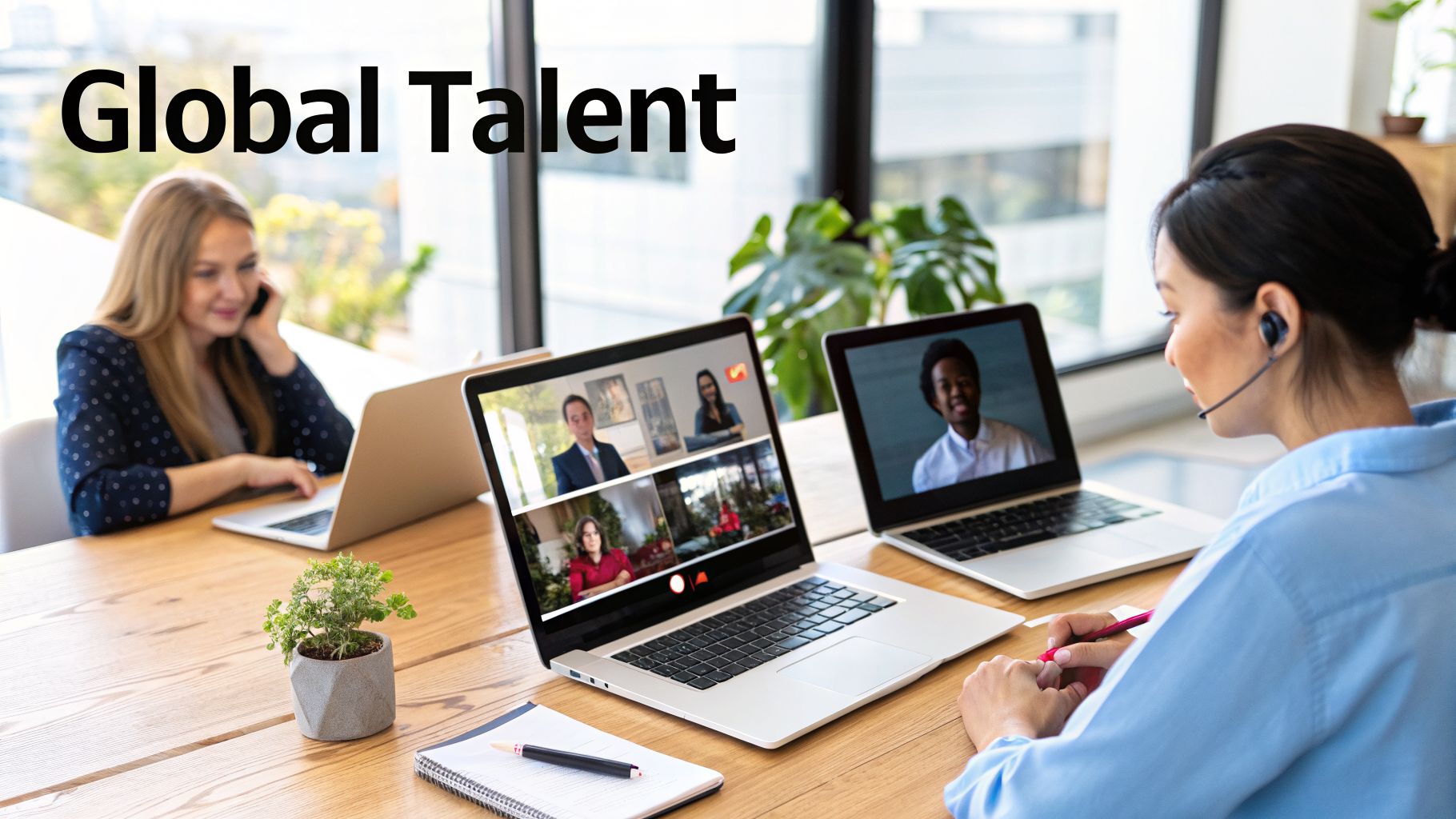 Two women collaborate remotely using laptops for global video conferences.