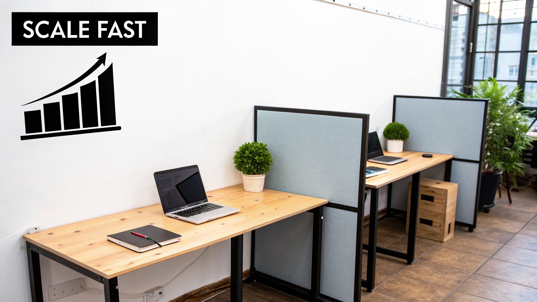 An office with wooden desks, laptops, privacy screens, plants, and a 'SCALE FAST' graphic.