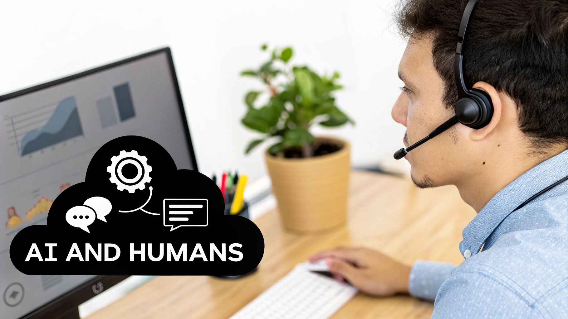 A call center agent with a headset at a desk, with a graphic about AI and human interaction.