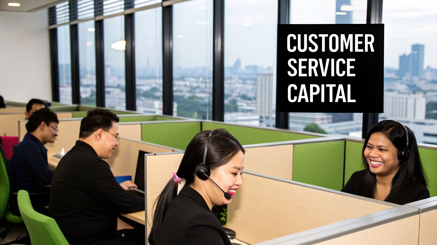 Diverse people in a modern call center office, wearing headsets, working at computers in cubicles.