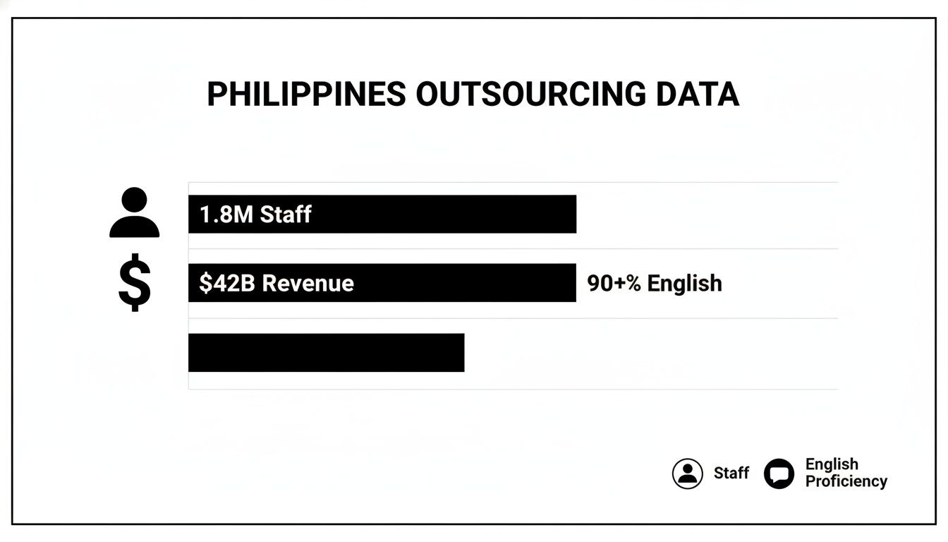 A bar chart illustrating Philippines outsourcing data, showing 1.8M staff, $42B revenue, and 90+% English proficiency.