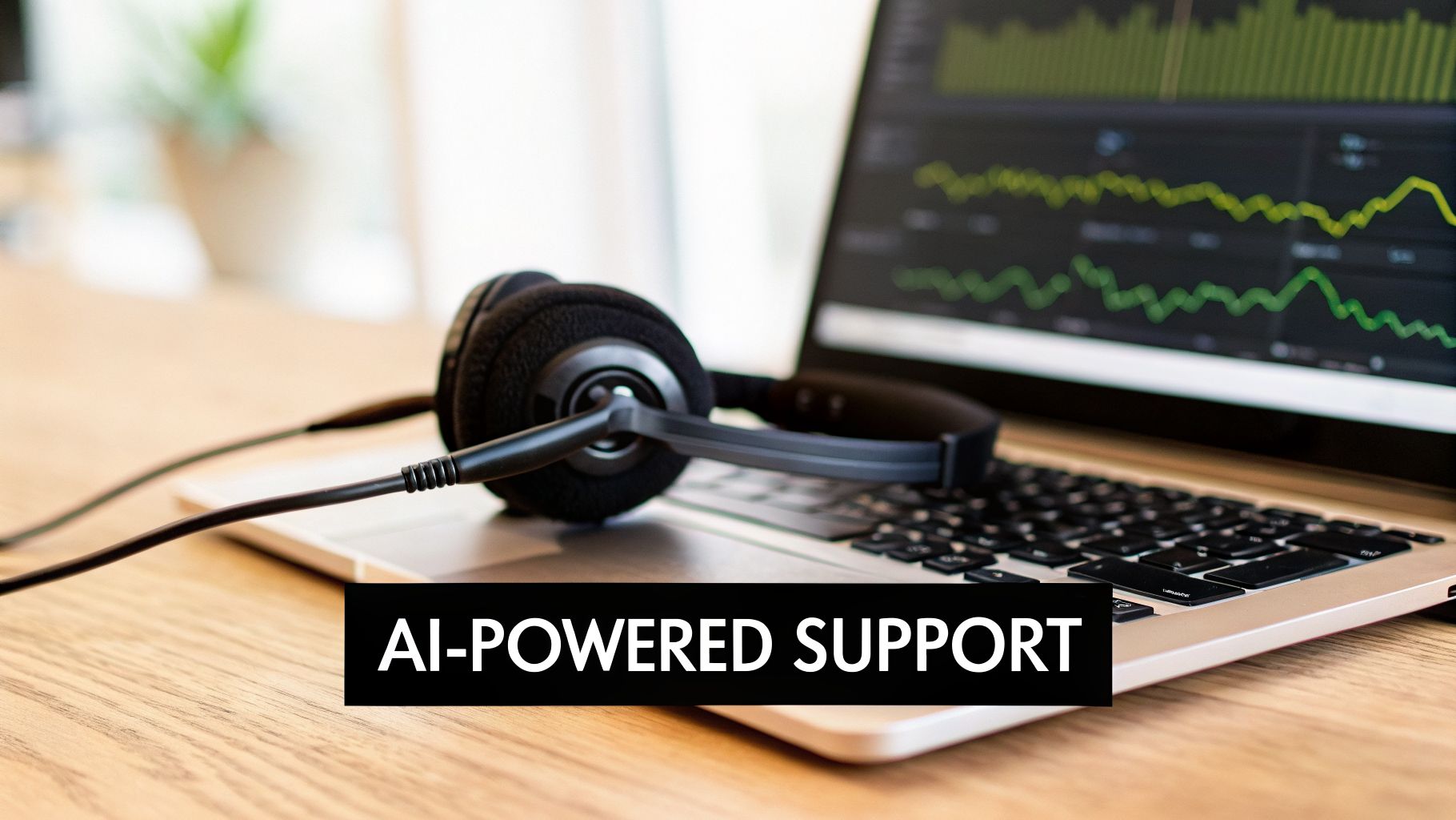 Black headphones resting on a laptop keyboard, displaying graphs, with 'AI-POWERED SUPPORT' text overlay.