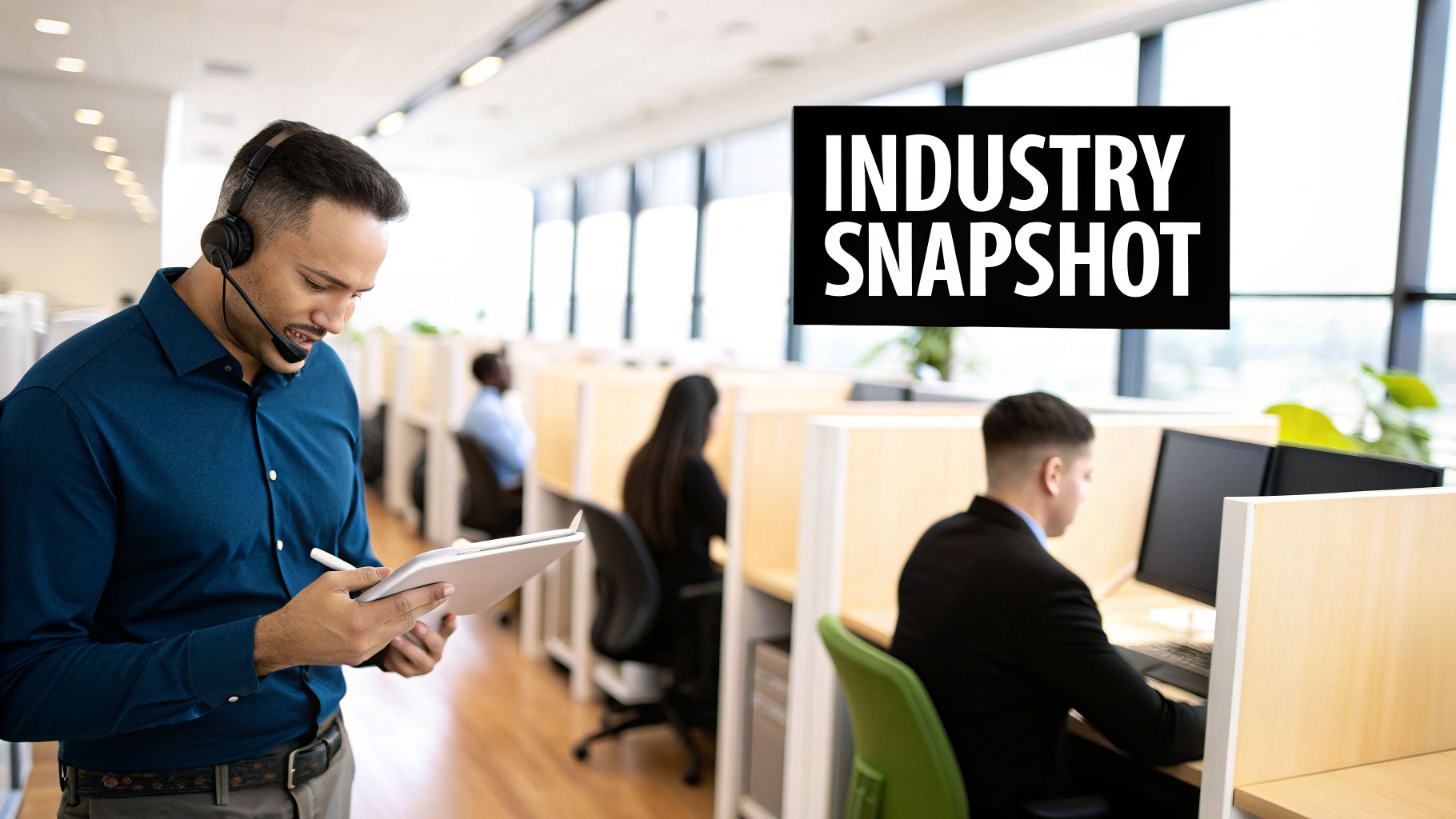 A man in a call center wearing a headset and holding a tablet, with colleagues working in cubicles.