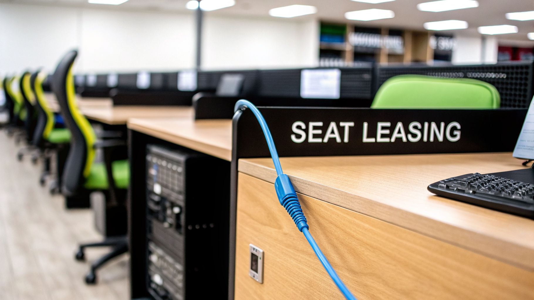 A modern office with rows of wooden desks and chairs, one featuring a 'SEAT LEASING' sign.