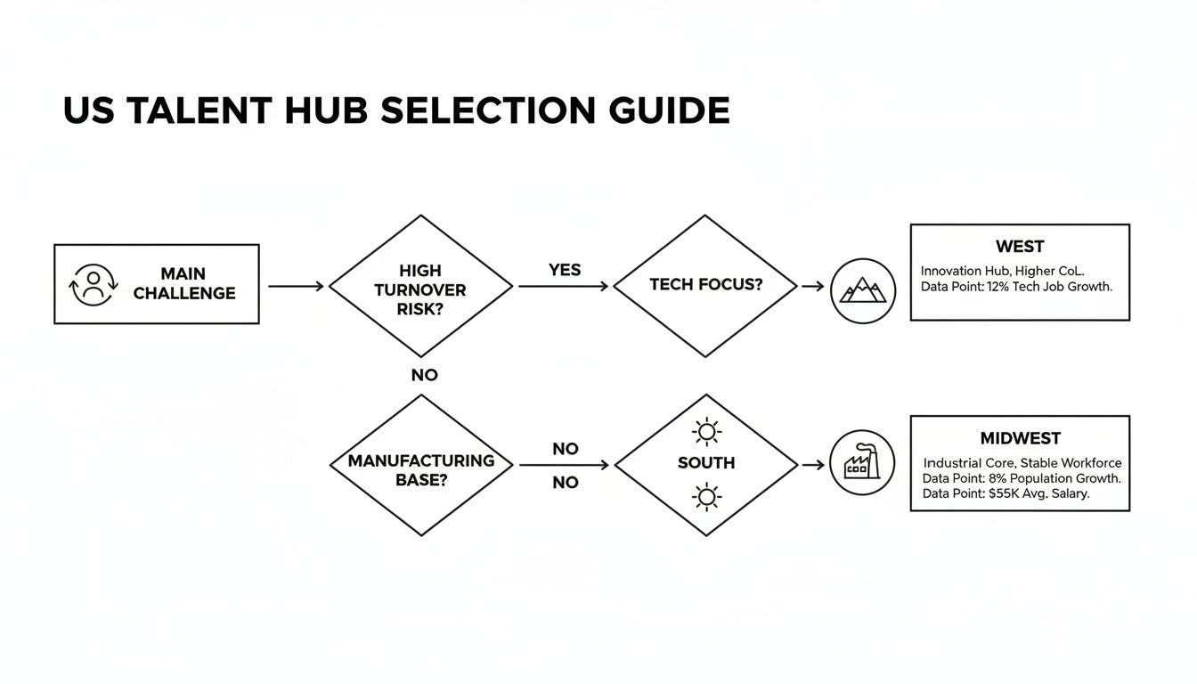 Flowchart illustrating a US talent hub selection guide based on turnover risk, tech focus, and manufacturing base.