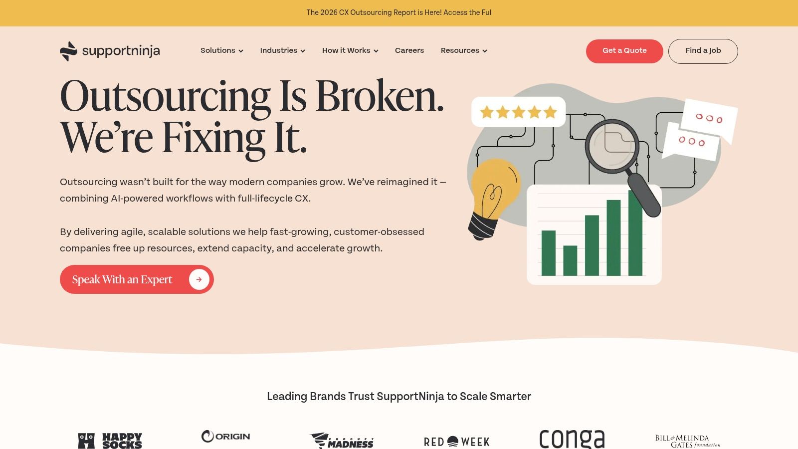 A screenshot of the SupportNinja homepage, showing their focus on flexible, tech-enabled outsourcing solutions for modern businesses.