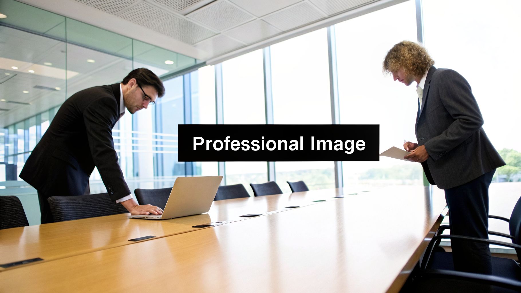 Professional men collaborating in a bright meeting room with a long table, laptop, and documents.