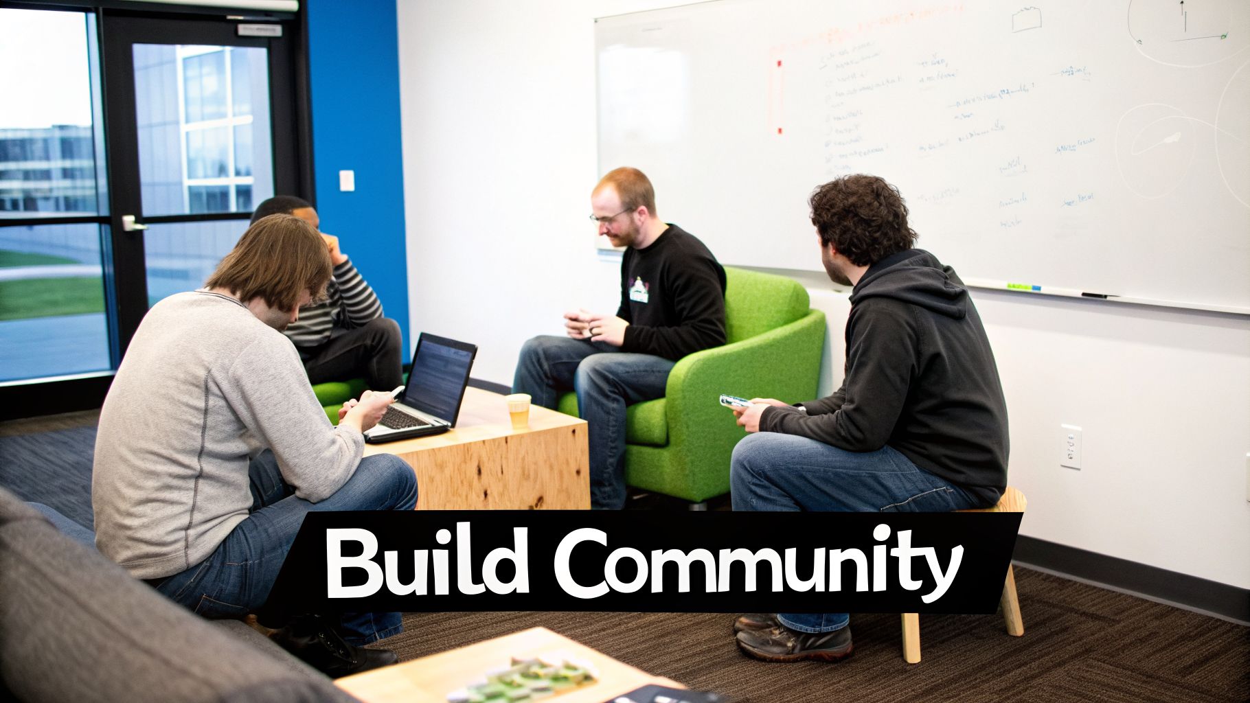 Four young men are casually working and interacting in a modern coworking space with a whiteboard.