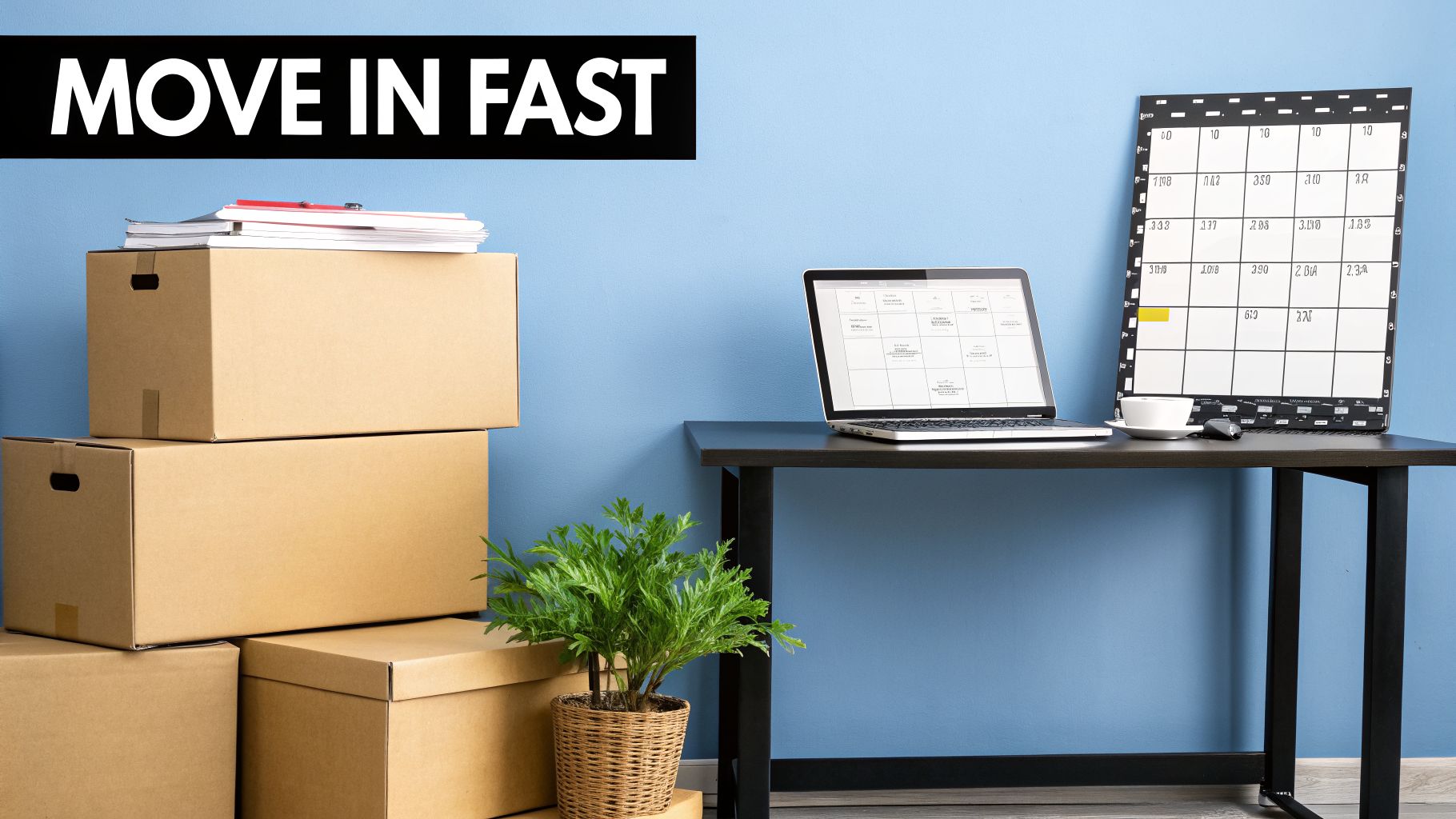 Cardboard moving boxes stacked, a laptop on a desk, and a calendar against a blue wall with 'MOVE IN FAST' text.