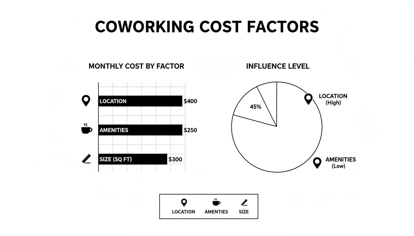 An infographic illustrating coworking space cost factors, comparing monthly expenses and influence levels.