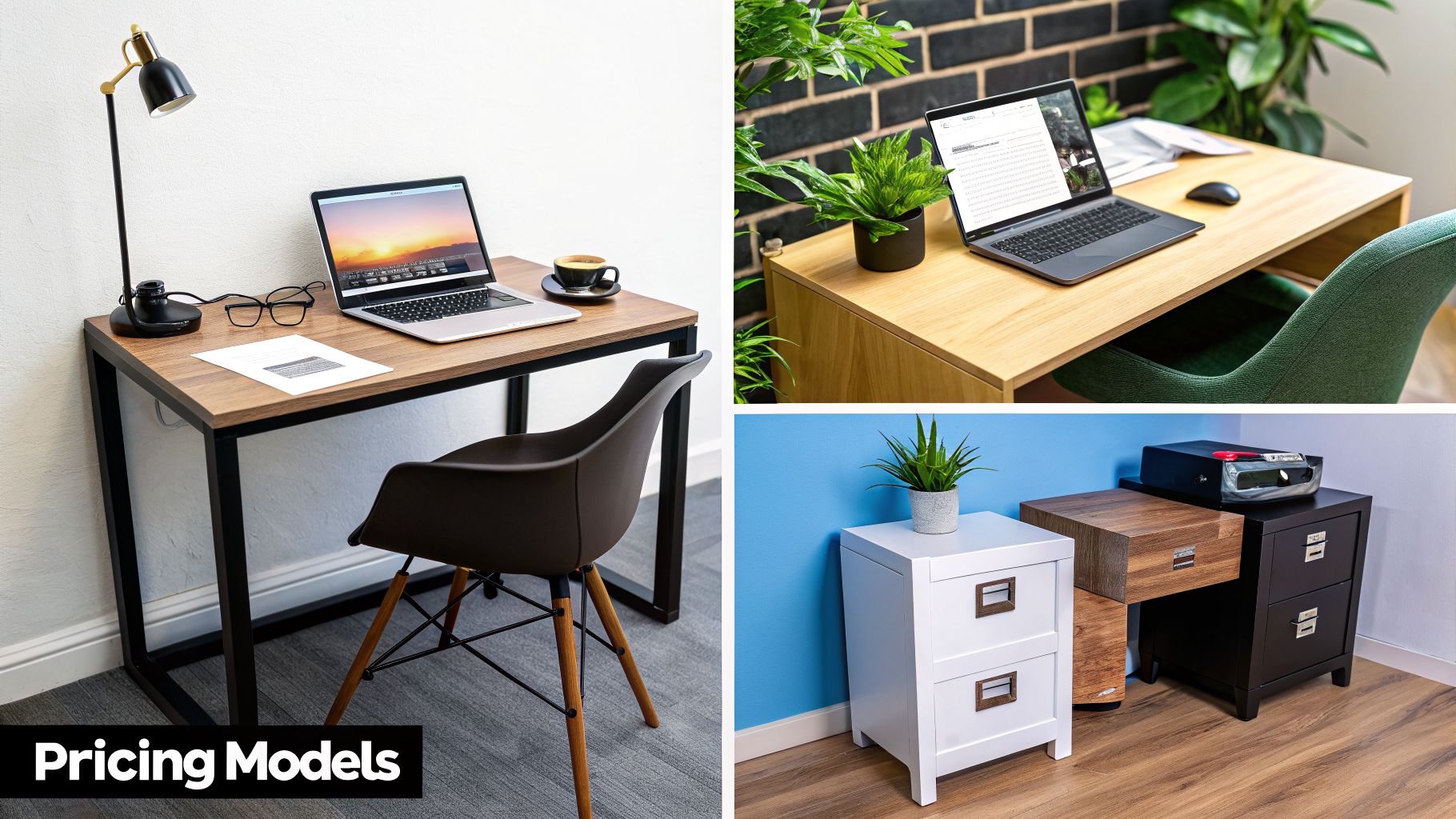 Three different modern home office setups featuring desks, laptops, chairs, and storage solutions.