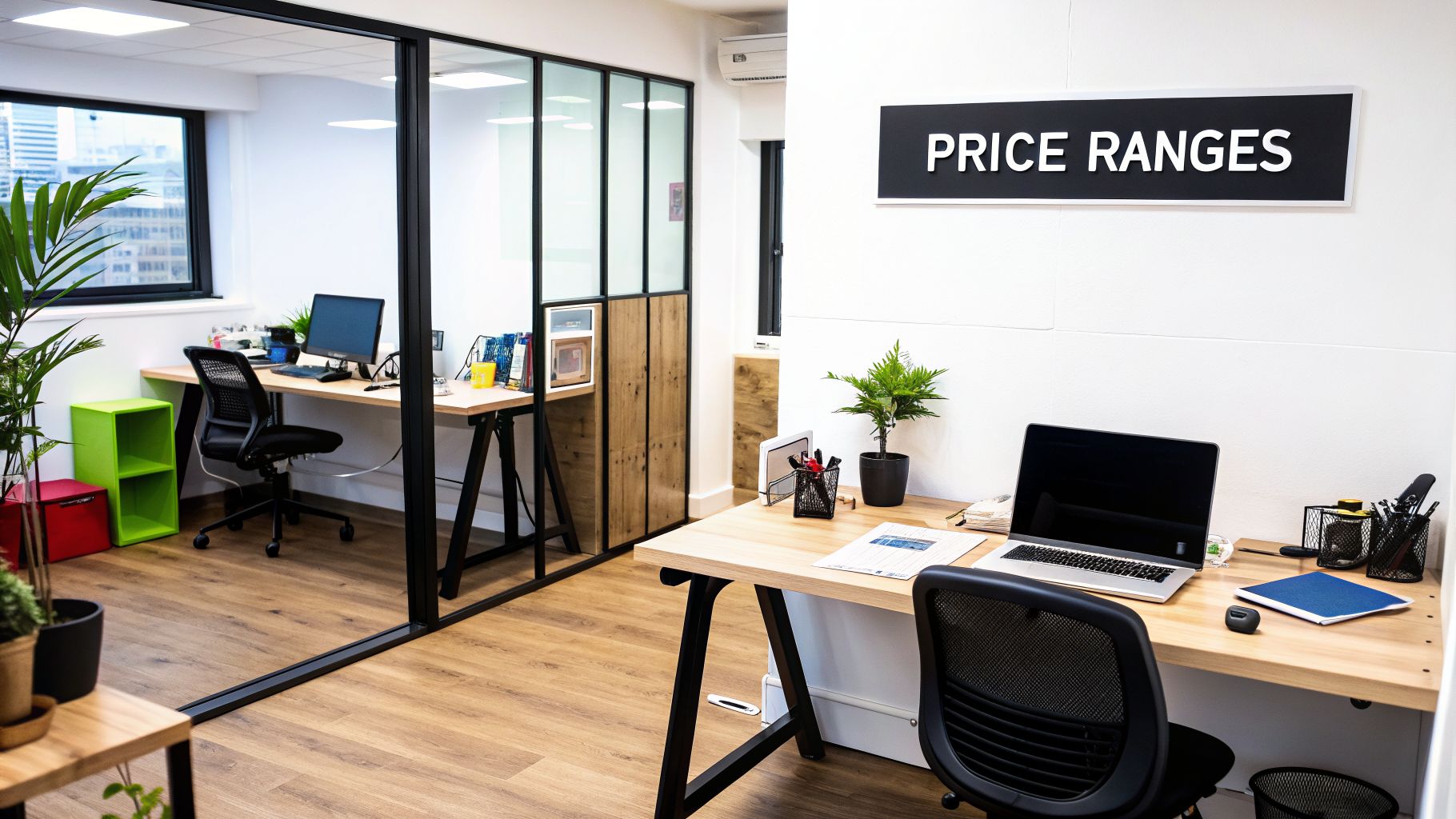A bright and modern coworking office space with two desks, computers, and green plants.