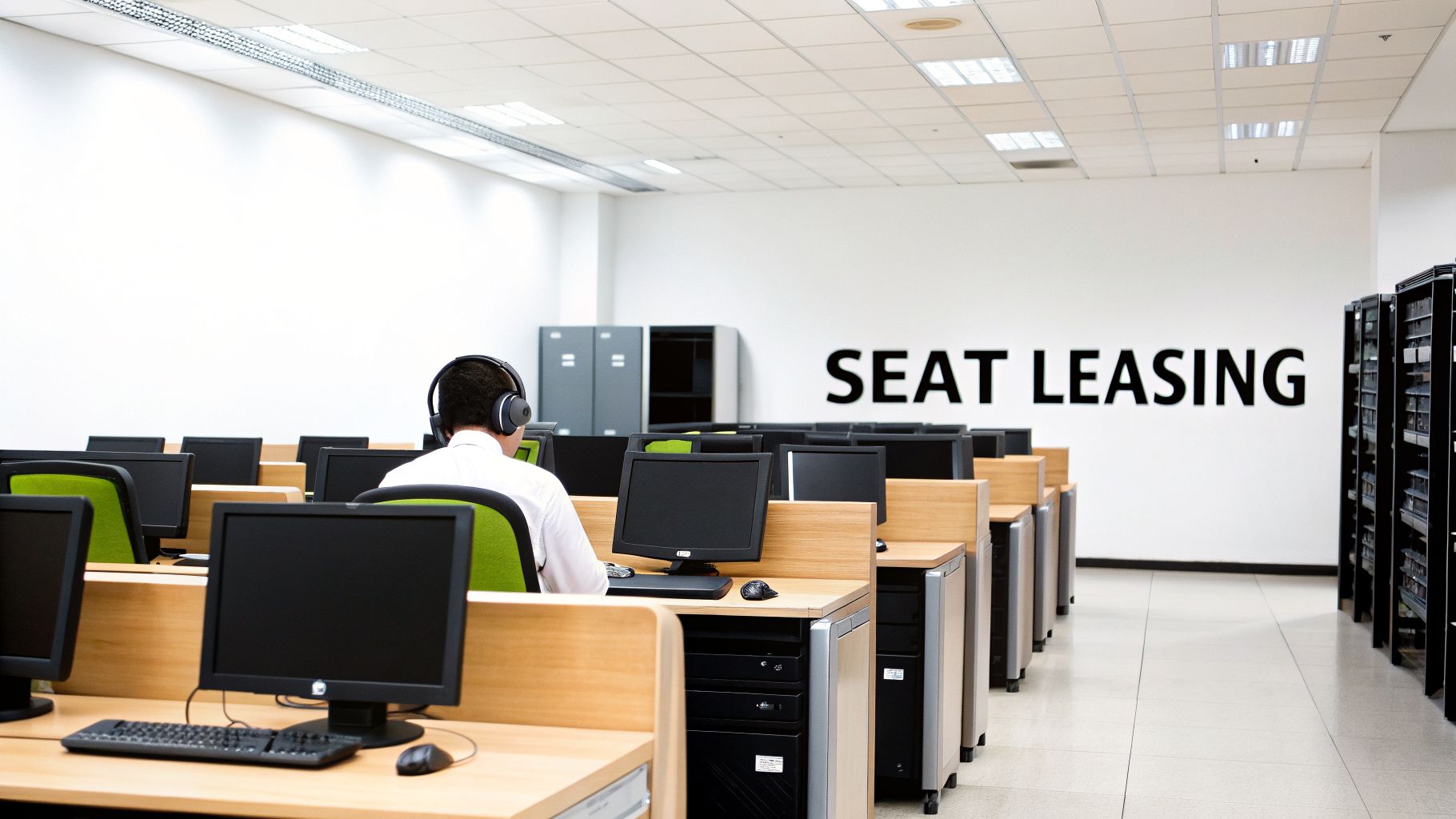 A person with headphones works at a computer desk in a modern office with 'SEAT LEASING' on the wall.