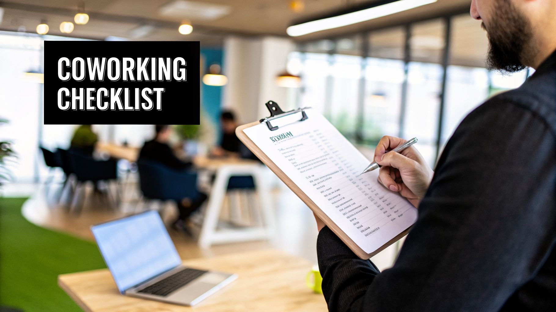 A person writes on a clipboard with a 'Coworking Checklist' overlay in a modern office space.