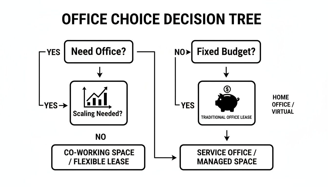 A decision tree flowchart for office choice, guiding options based on need and budget.