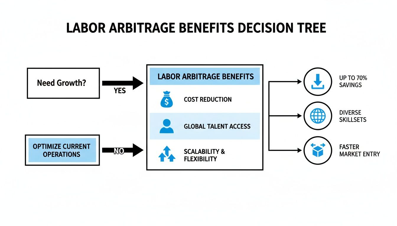 Decision tree illustrating labor arbitrage benefits such as cost reduction, global talent, and market entry.