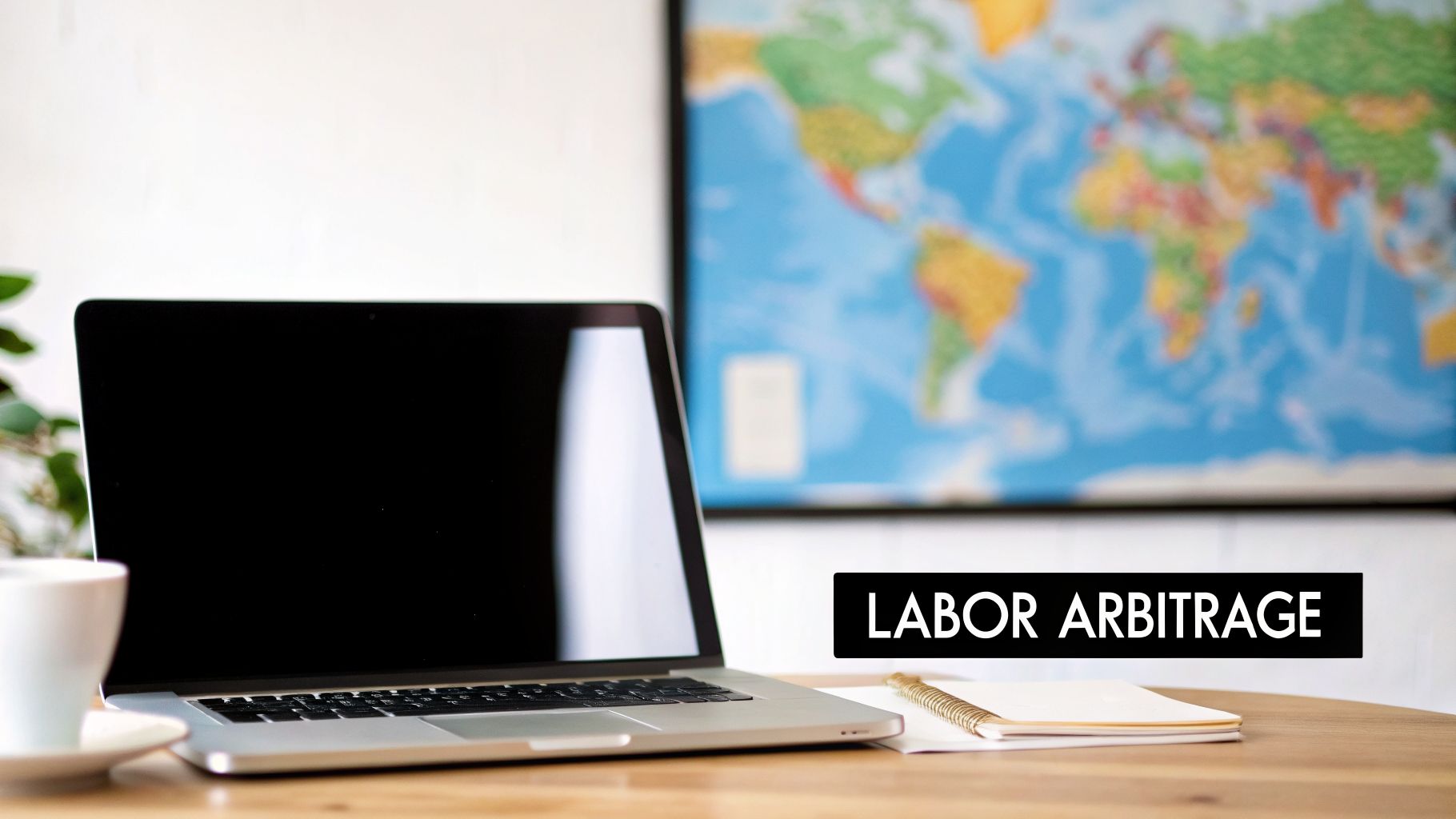 A laptop, coffee cup, and notebook on a wooden desk with a world map and 'LABOR ARBITRAGE' text.