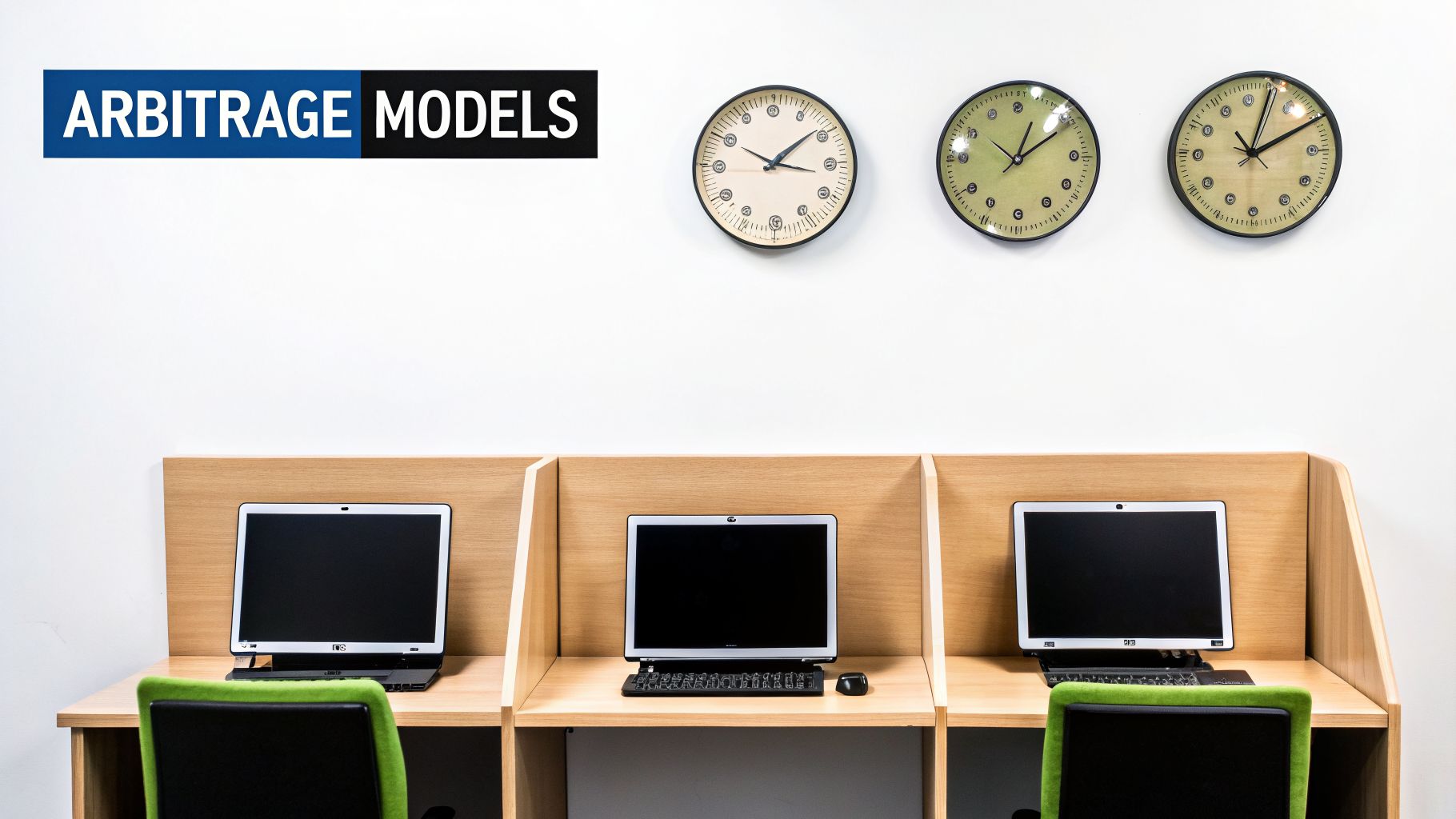 Three computer workstations with laptops, chairs, and wall clocks in an office setting.