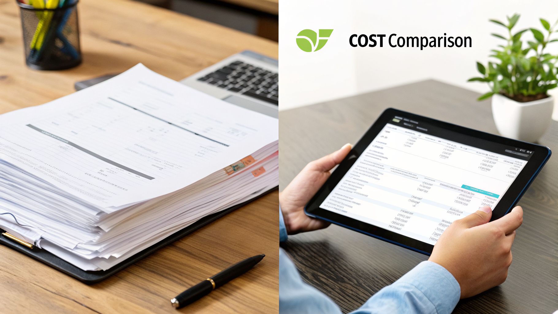 Side-by-side comparison of physical paper documents and digital data on a tablet for cost analysis.