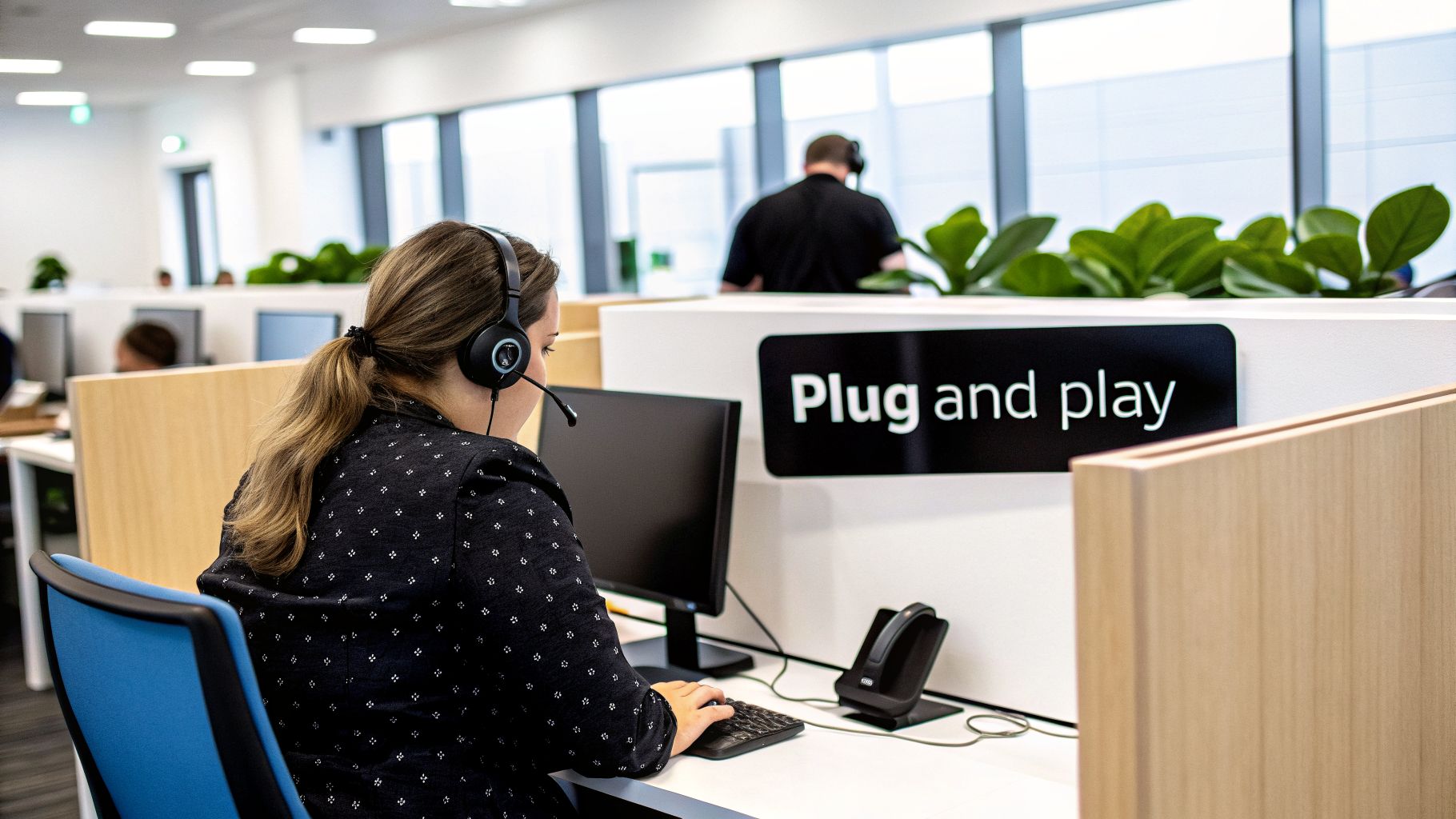 A woman wearing a headset works at a computer in a modern call center office.