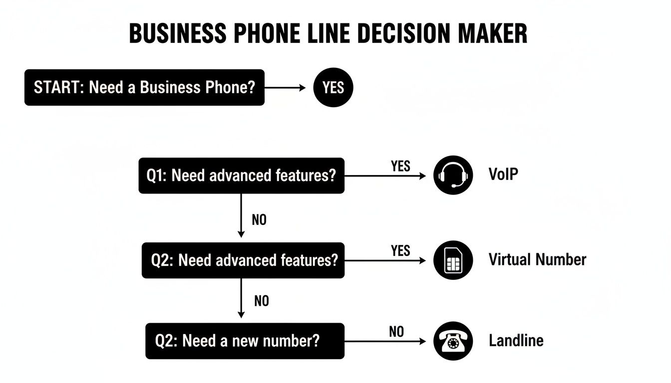 A business phone line decision maker flowchart guides users to VoIP, virtual number, or landline.