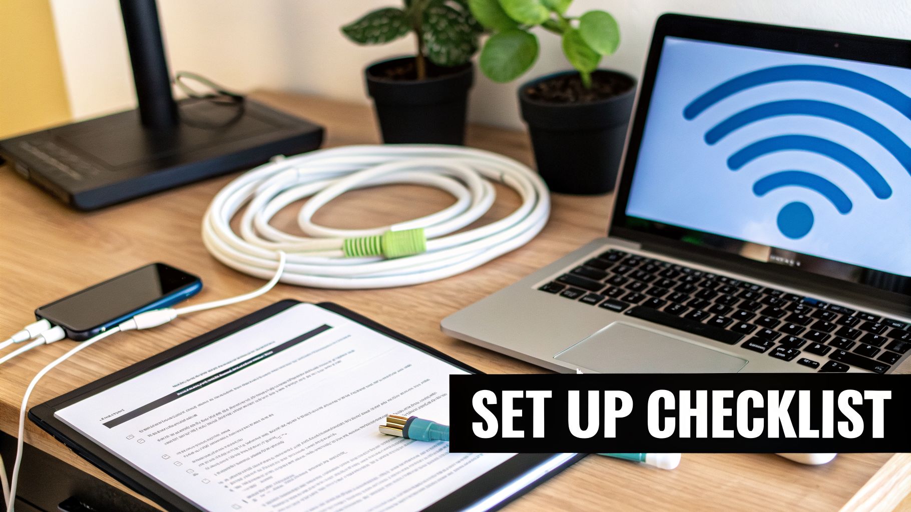 A desk with a laptop displaying a Wi-Fi symbol, coiled cables, a smartphone, and a setup checklist document.