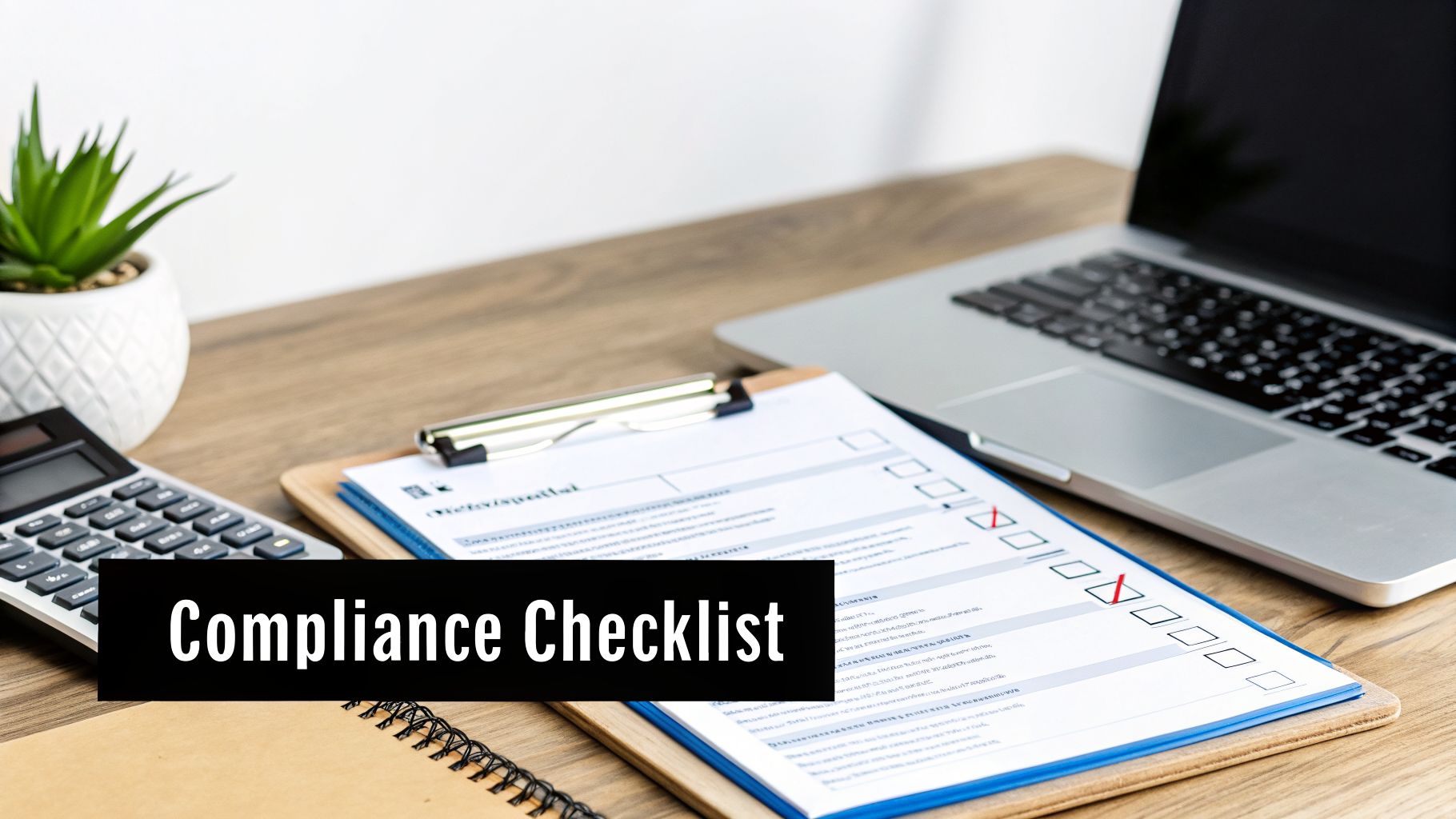 A desk setup featuring a compliance checklist on a clipboard, calculator, notebook, and laptop.