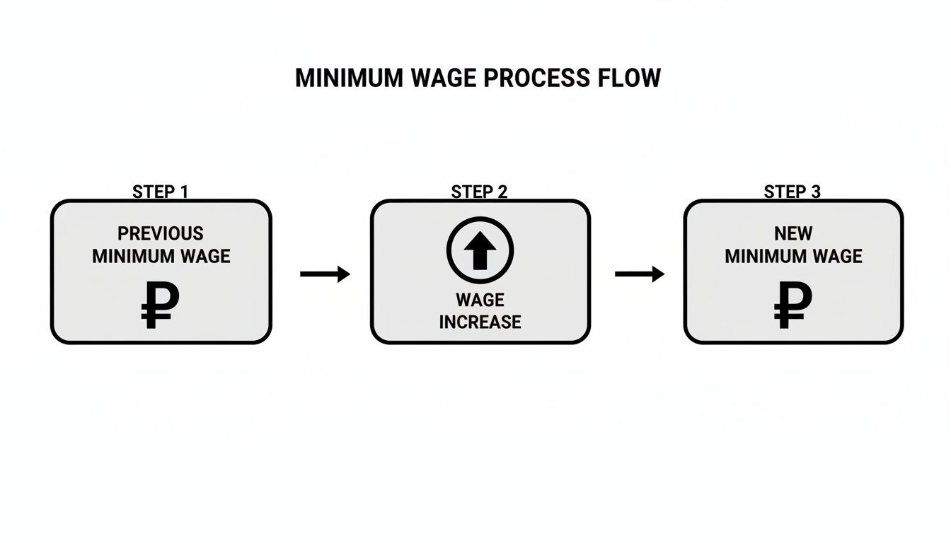 Flowchart illustrating the minimum wage process, from previous wage to a new increased wage.