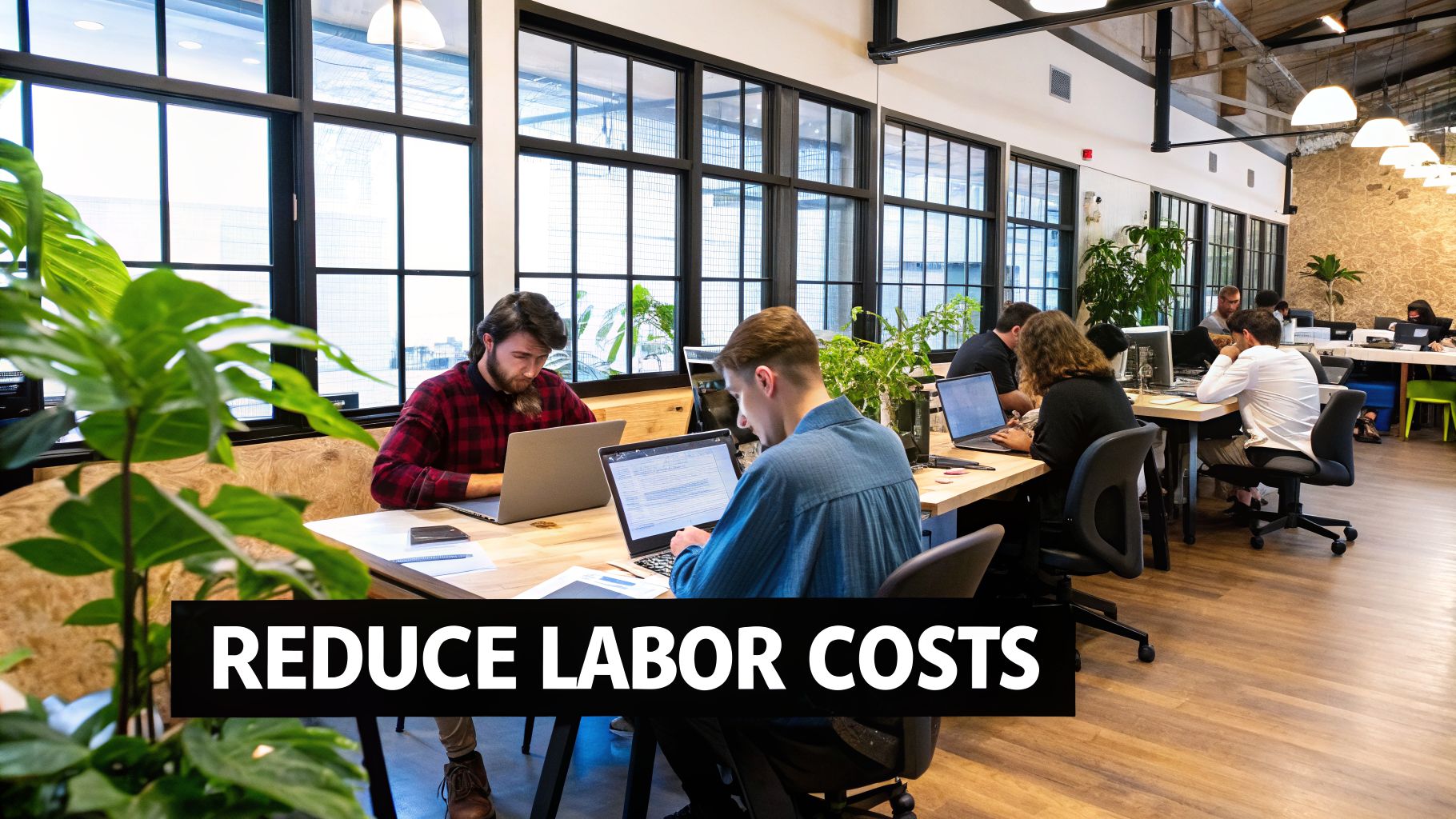 Employees work diligently on laptops in a bright, modern open-plan office with large windows.