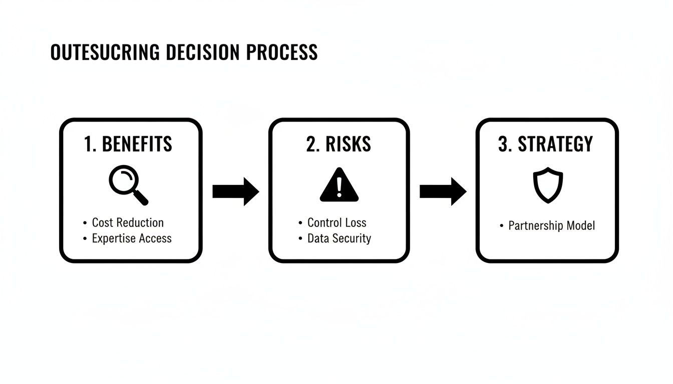 Flowchart illustrating the outsourcing decision process with benefits, risks, and strategy steps.