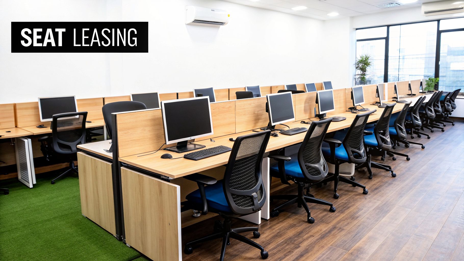 Modern office with rows of computers, desks, and chairs, highlighting 'Seat Leasing' services.