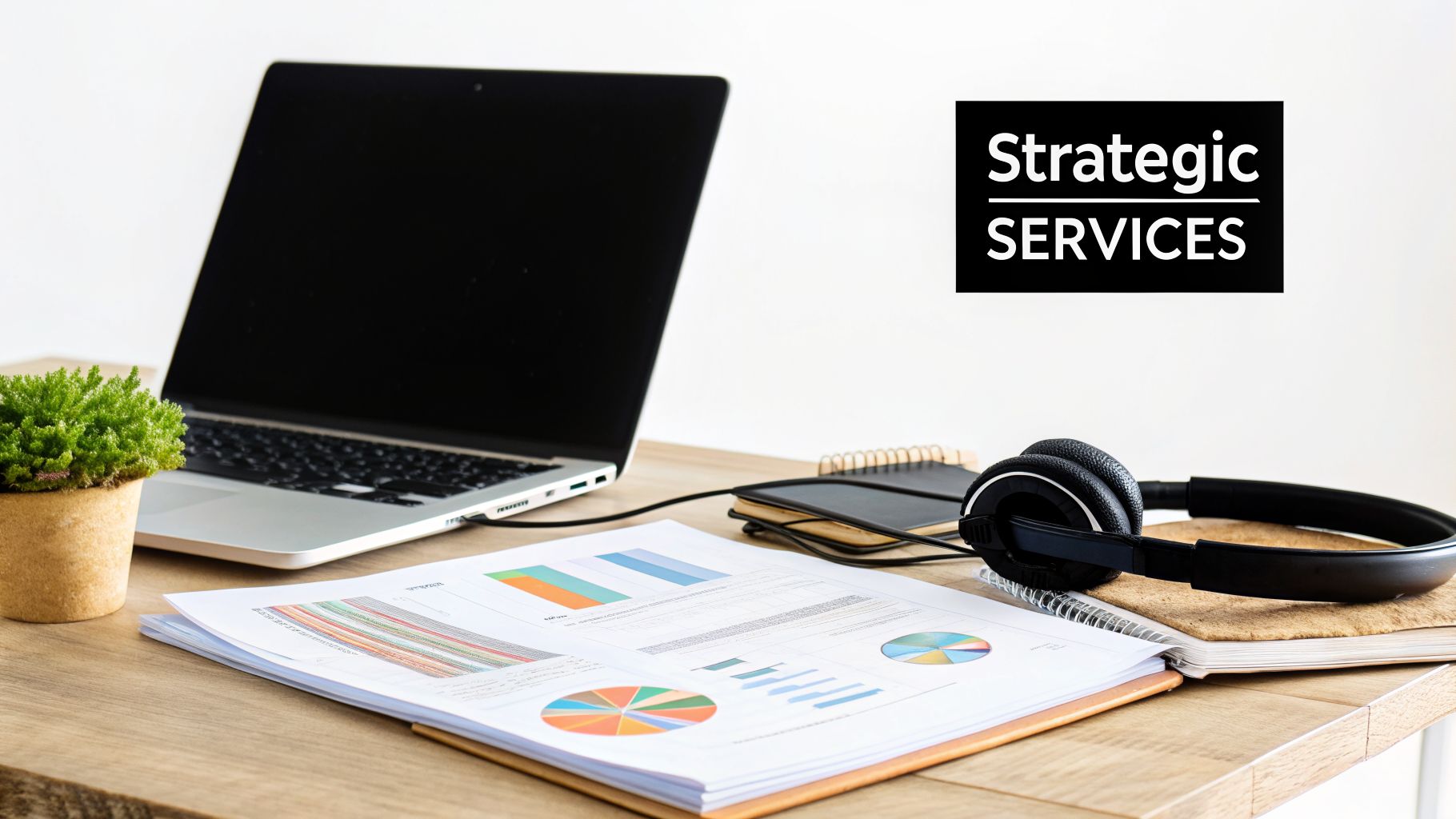 A laptop, headphones, documents with charts, and a plant on a wooden desk, with 'Strategic SERVICES' text.