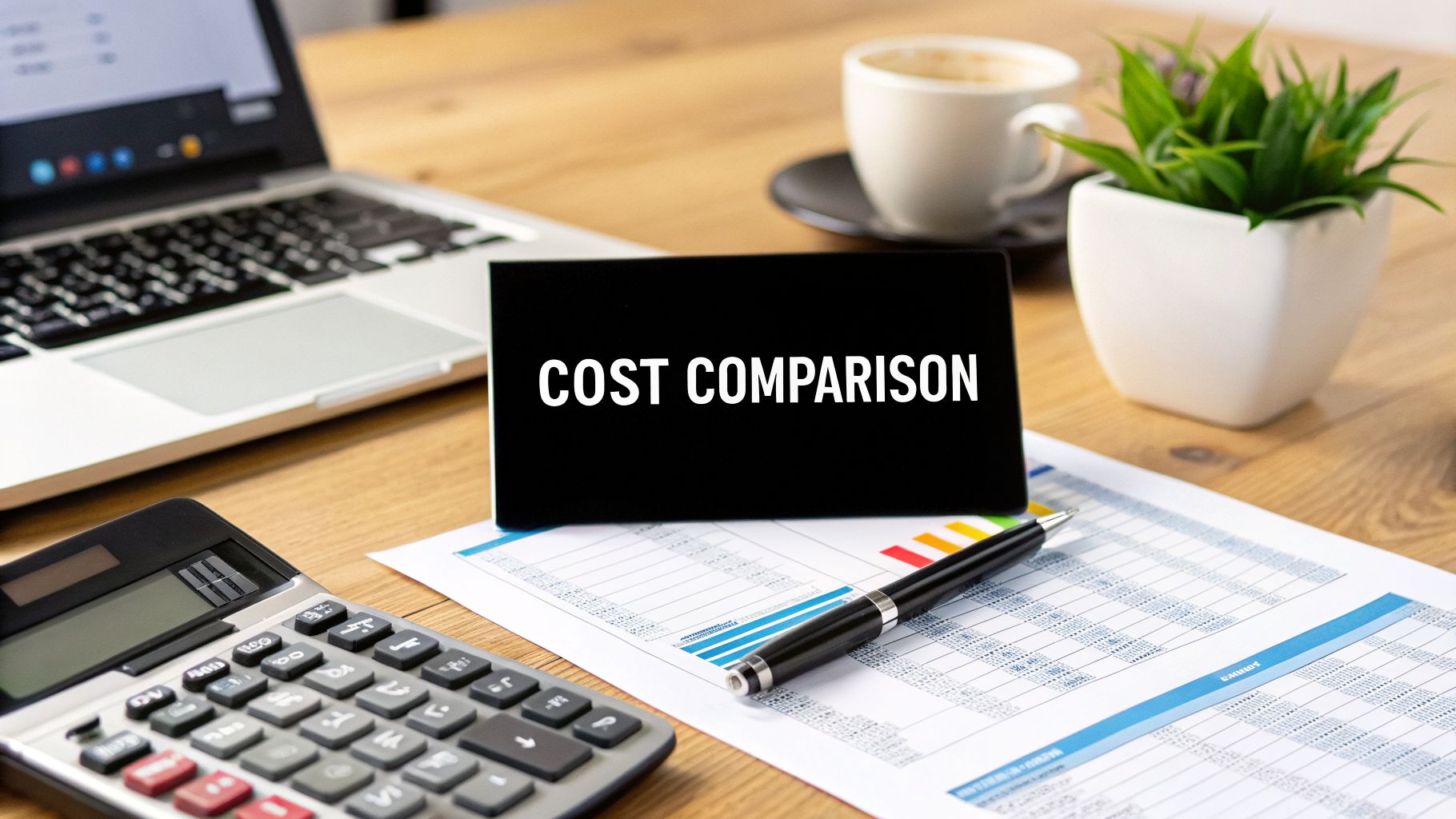 A desk with a laptop, calculator, financial charts, a coffee cup, and a 'COST COMPARISON' sign.
