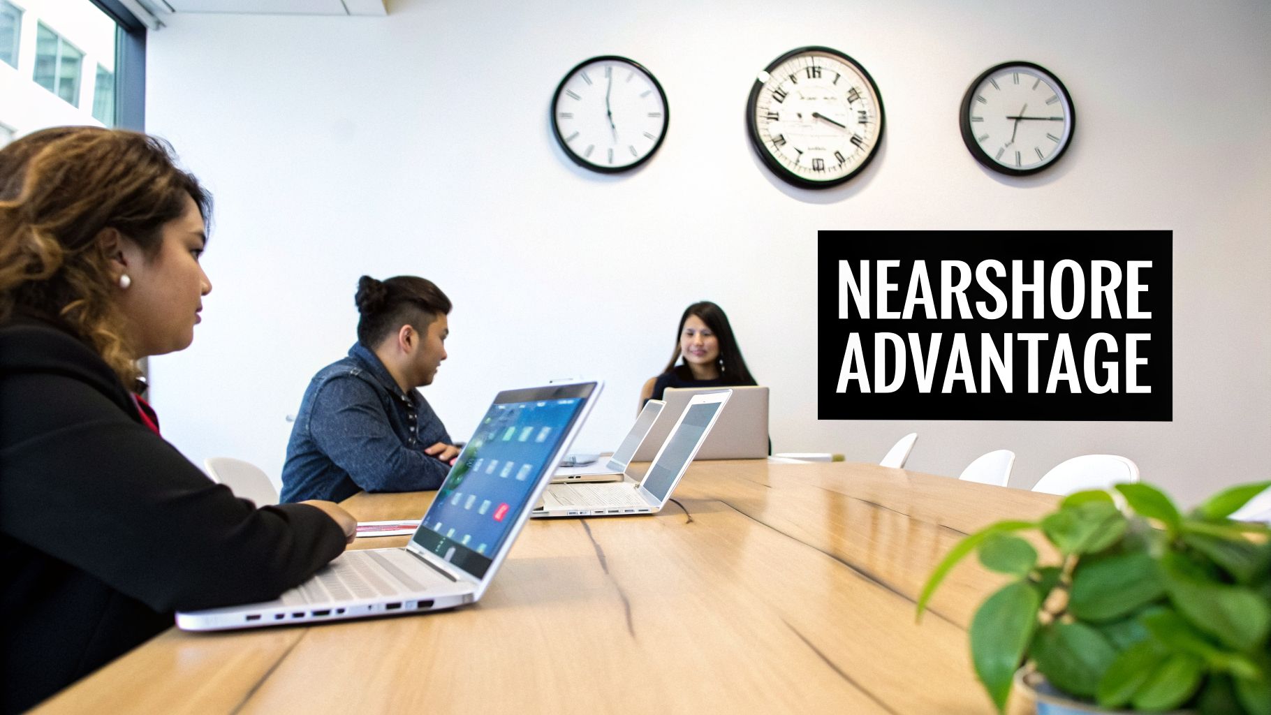 Professionals collaborate on laptops in a bright office, highlighting nearshore outsourcing benefits.