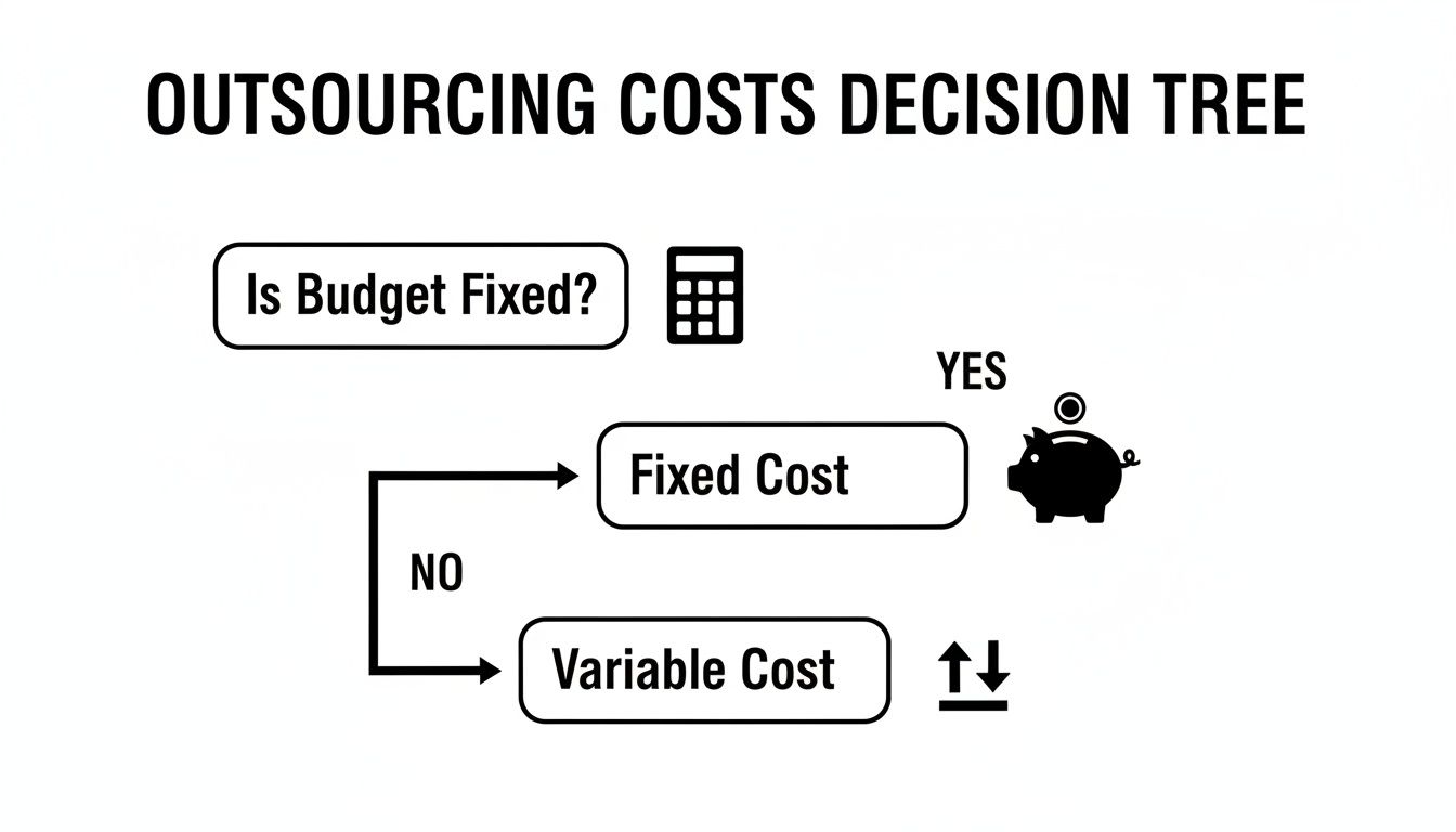 Diagram illustrating outsourcing cost decisions: fixed budget leads to fixed cost, non-fixed to variable cost.