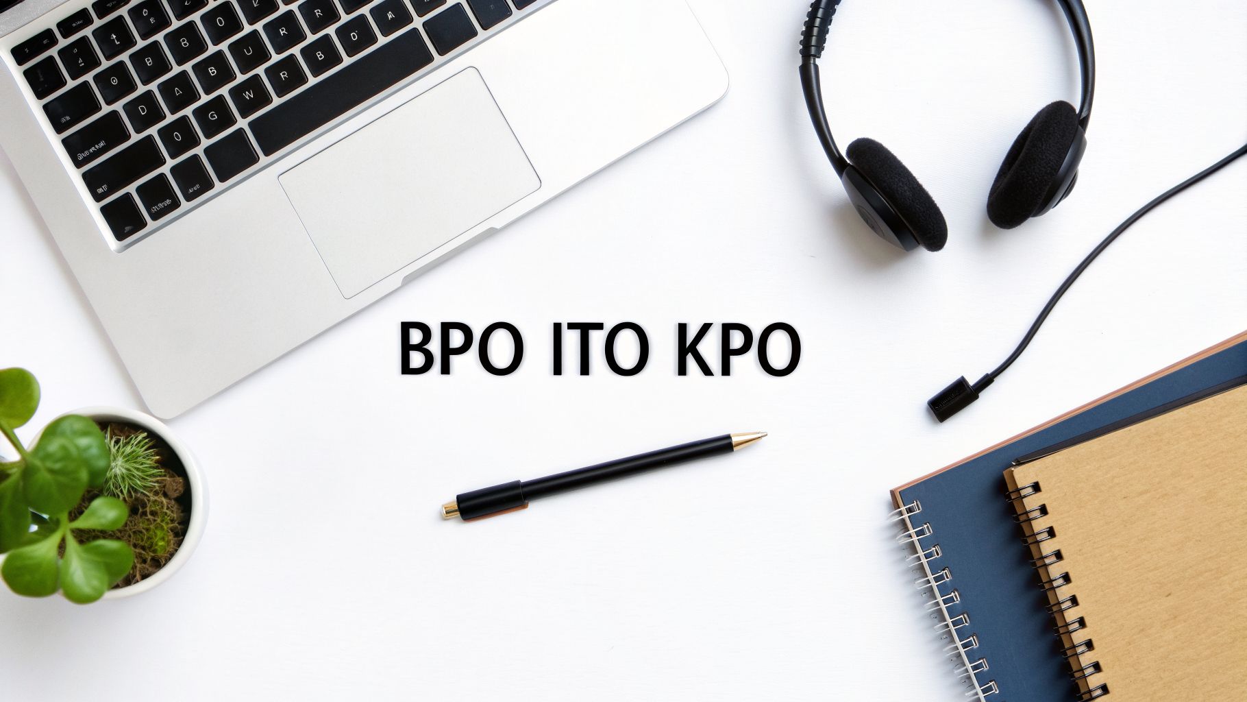 Overhead view of a workspace with a laptop, headset, plant, notebooks, and the text BPO ITO KPO.