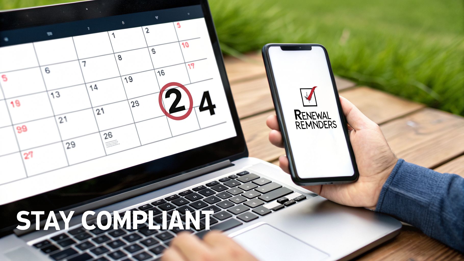 A laptop displays a calendar with a circled date 24, alongside a smartphone showing 'Renewal Reminders' to stay compliant.
