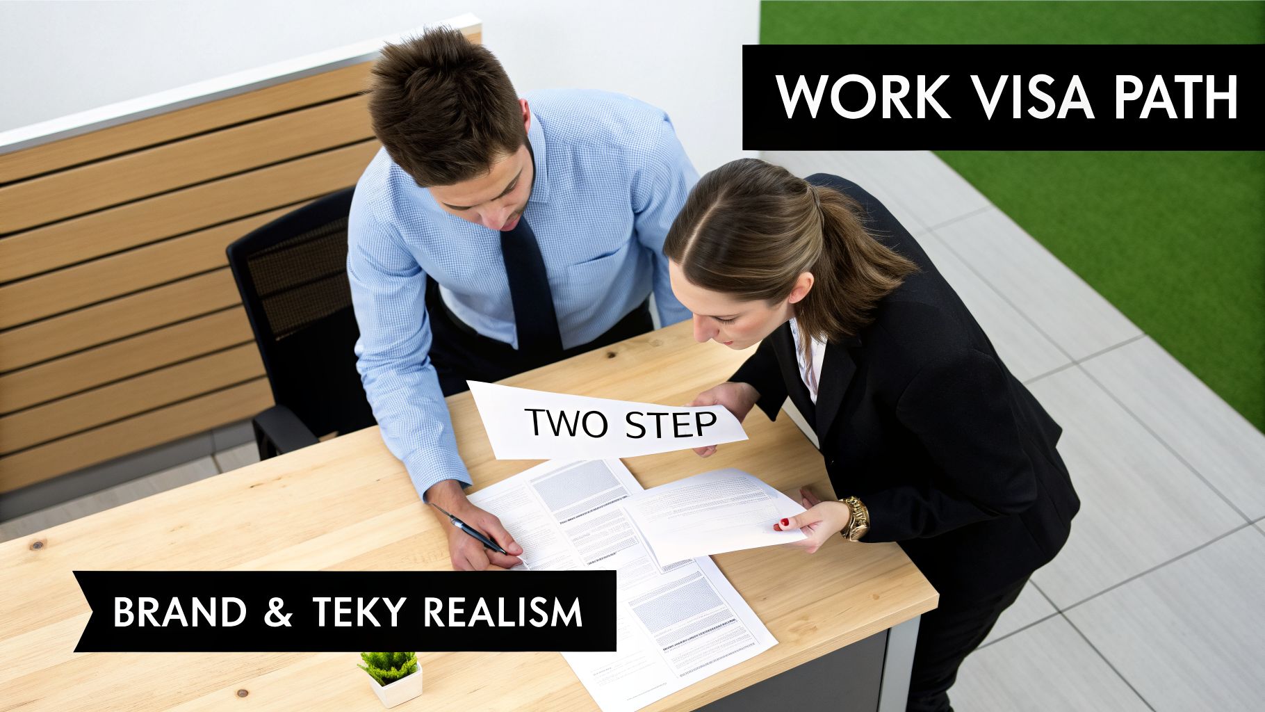 Two business professionals review documents on a desk, discussing a 'two step' work visa path.