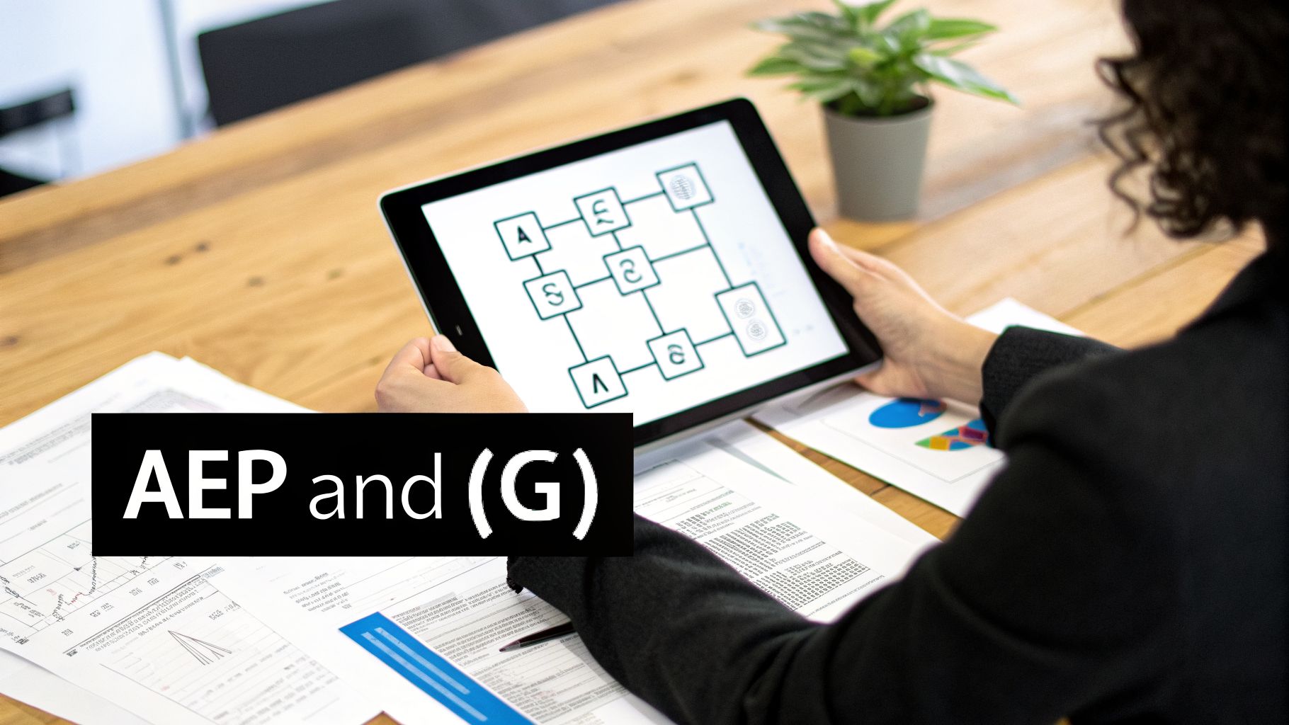 A person on a wooden desk, working with a tablet and various documents.