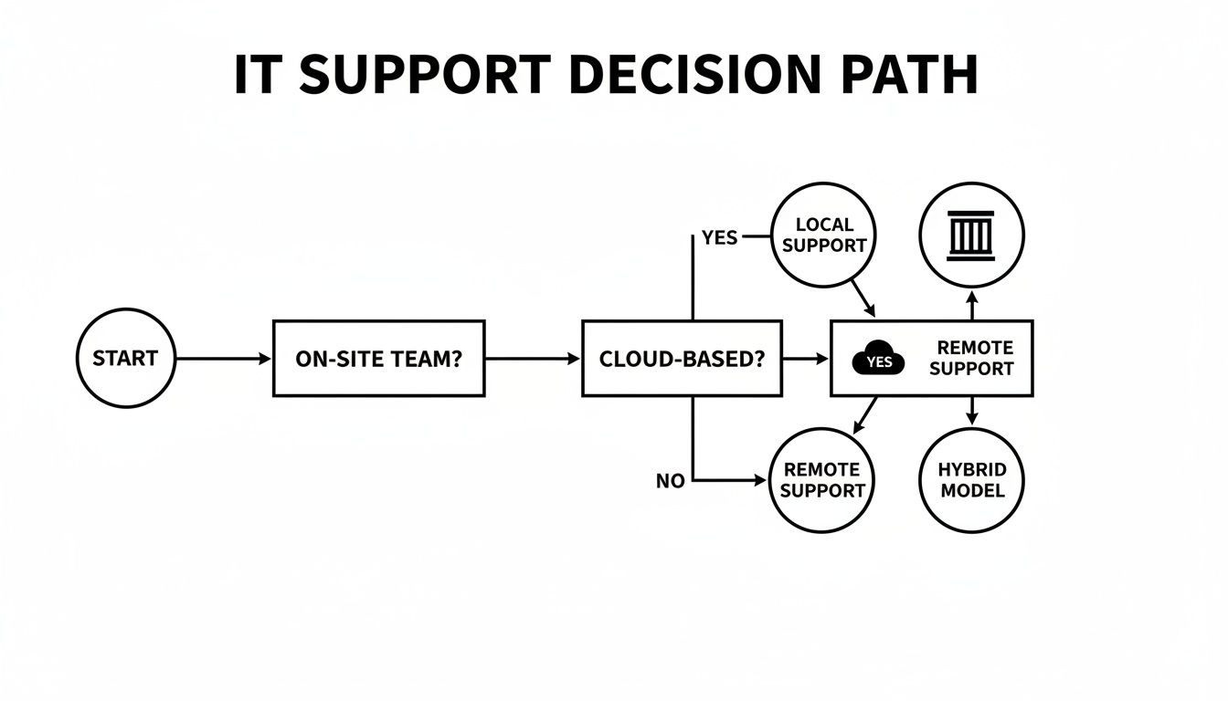 Flowchart outlining the IT support decision path, covering on-site, cloud-based, local, remote, and hybrid models.