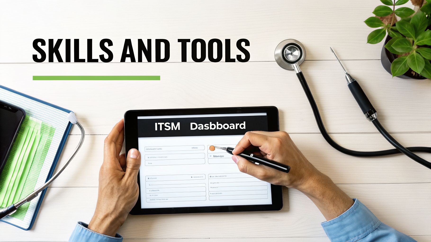 Hands interacting with an ITSM dashboard on a tablet, surrounded by various tools.