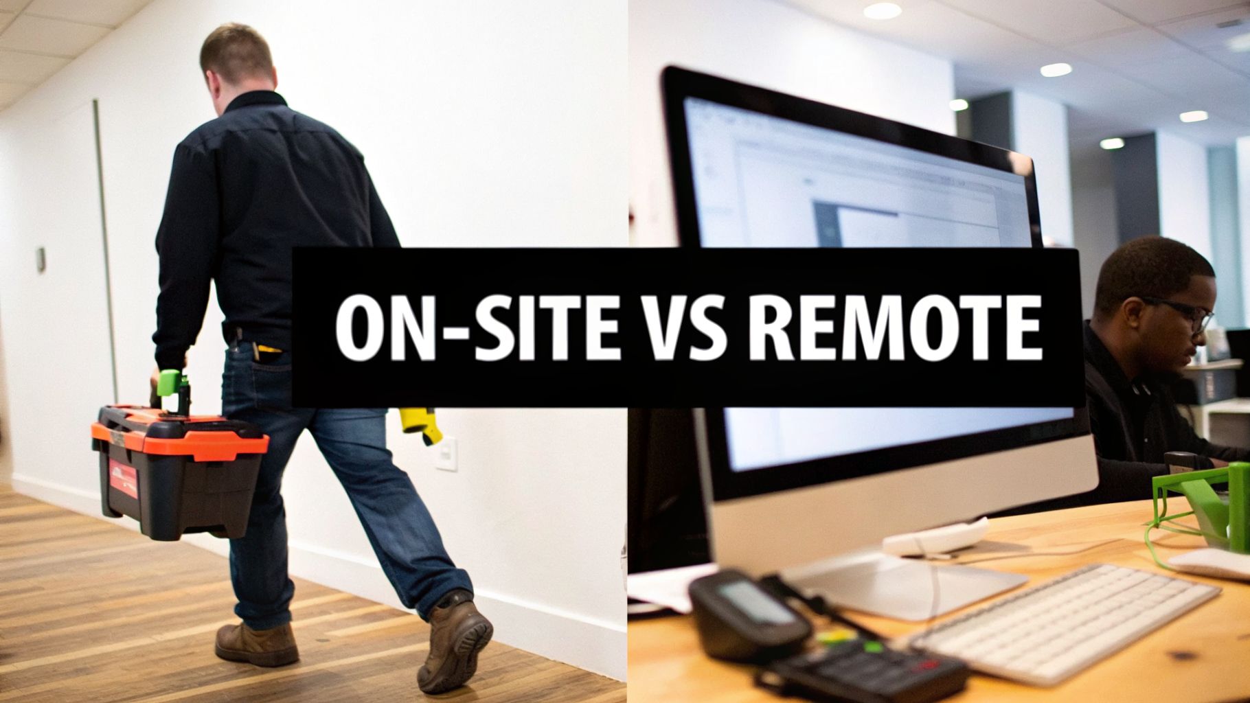 A split image contrasting on-site service (technician with toolbox) and remote support (person at a computer).