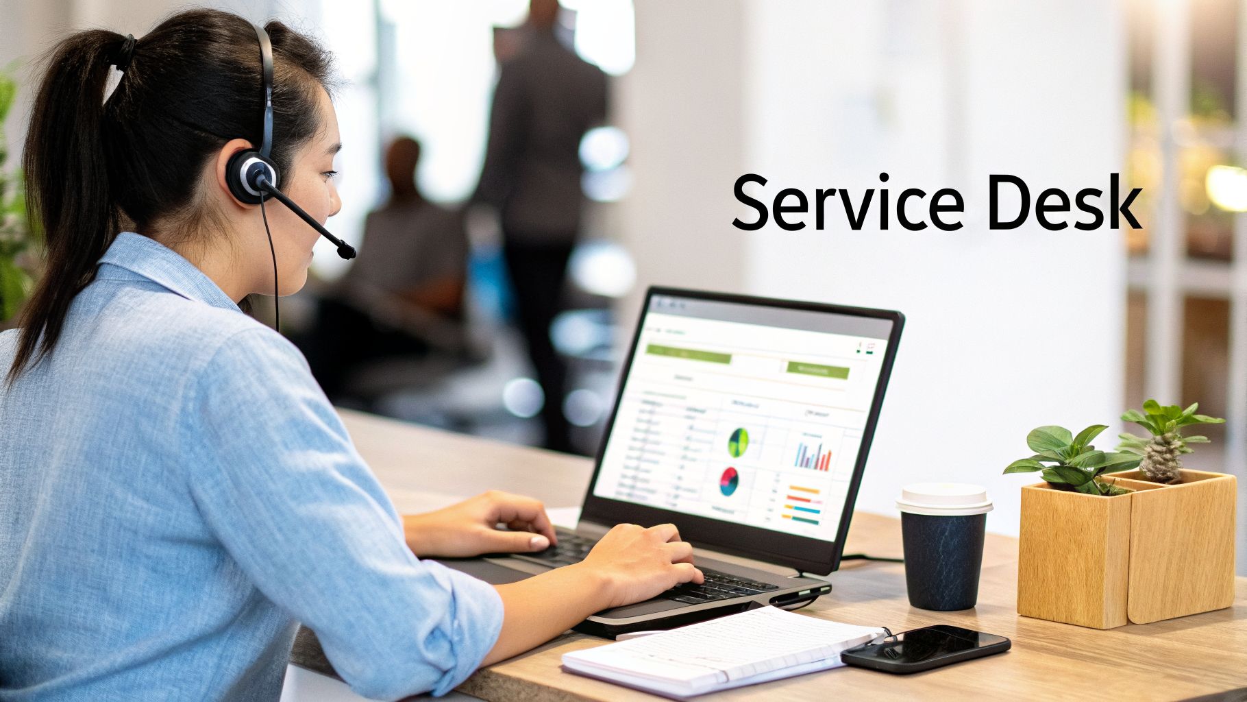 A woman with a headset and laptop working at a service desk in an office environment.