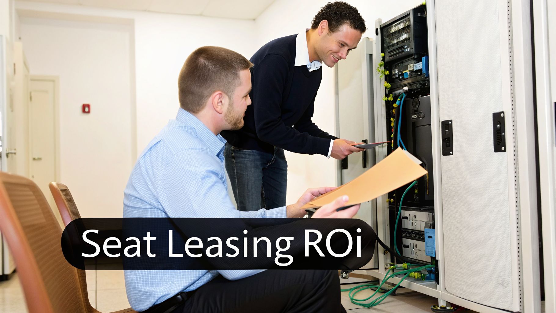 Two IT professionals reviewing documents and working on servers in a data center.