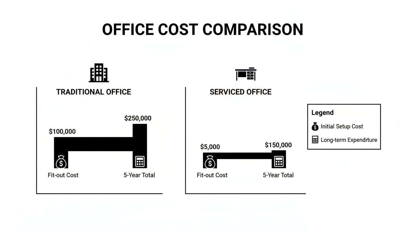 Bar chart comparing costs of traditional versus serviced offices, detailing fit-out and 5-year totals.