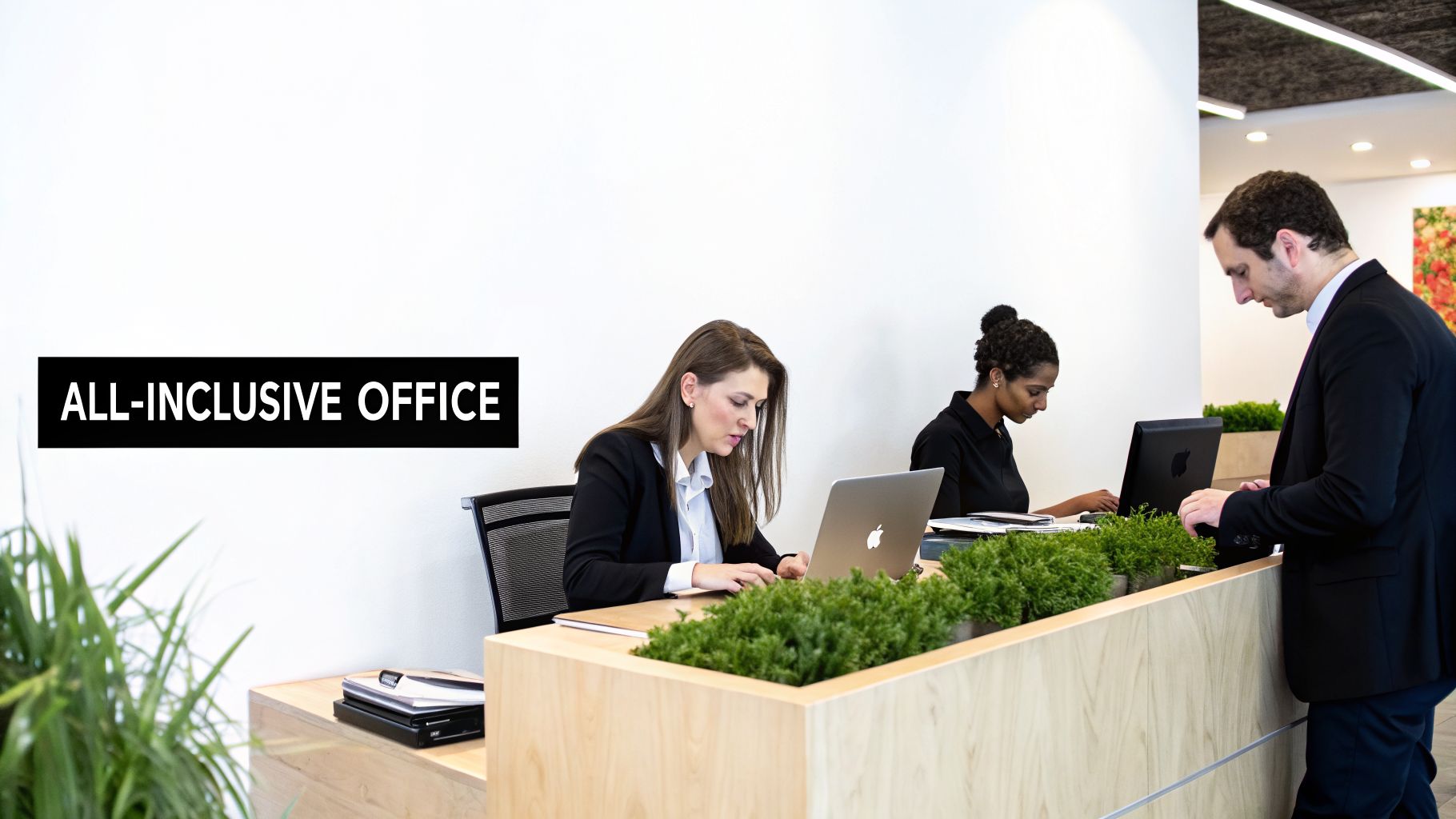 Three professionals work and interact at a modern, all-inclusive office reception with green plants.