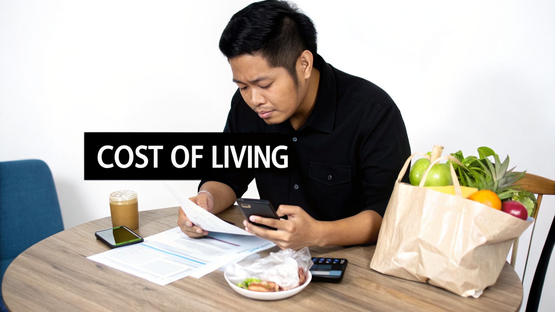 Man calculating expenses with groceries and documents, illustrating the cost of living challenges.