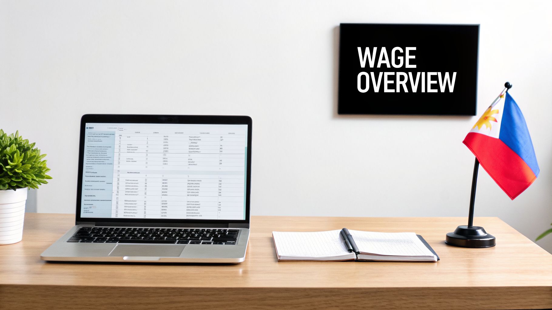 A workspace with a laptop displaying a spreadsheet, a 'WAGE OVERVIEW' sign, and the Philippine flag.