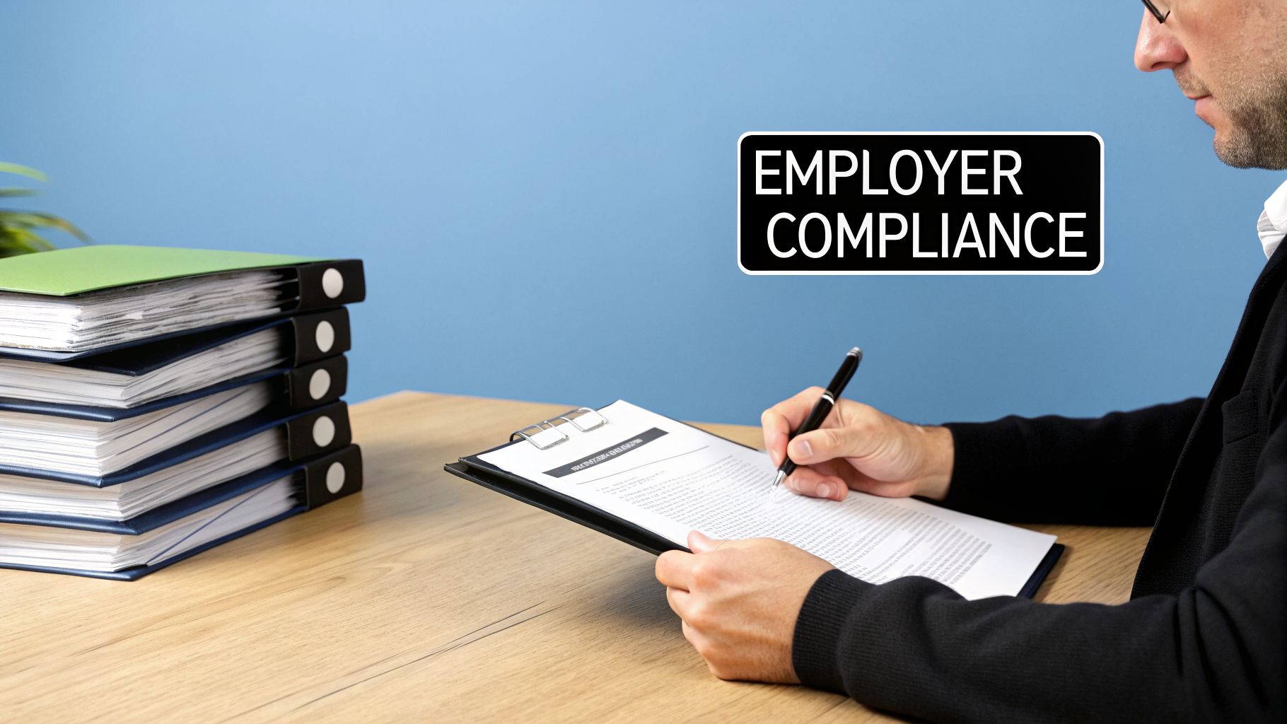A person signs an employer compliance document on a desk with stacked binders, against a blue wall.